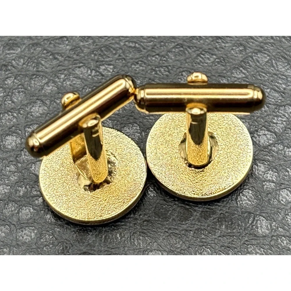 Vintage Mother of Pearl Black Enamel Swirl Round Cufflinks Gold Tone
